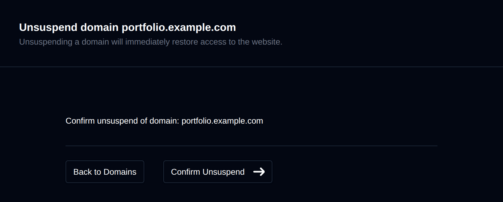 Unsuspend domain confirmation with the Confirm Unsuspend button