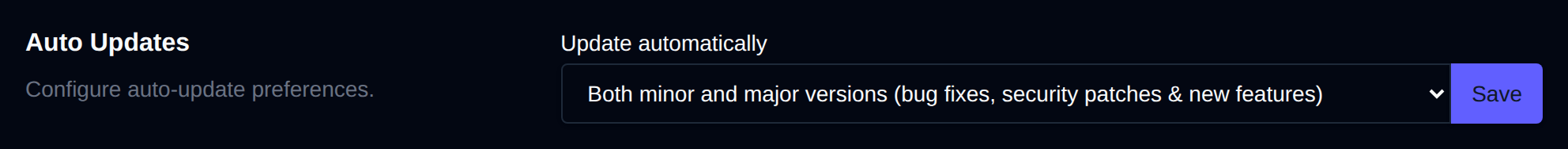 Auto Updates section with the update preference dropdown
