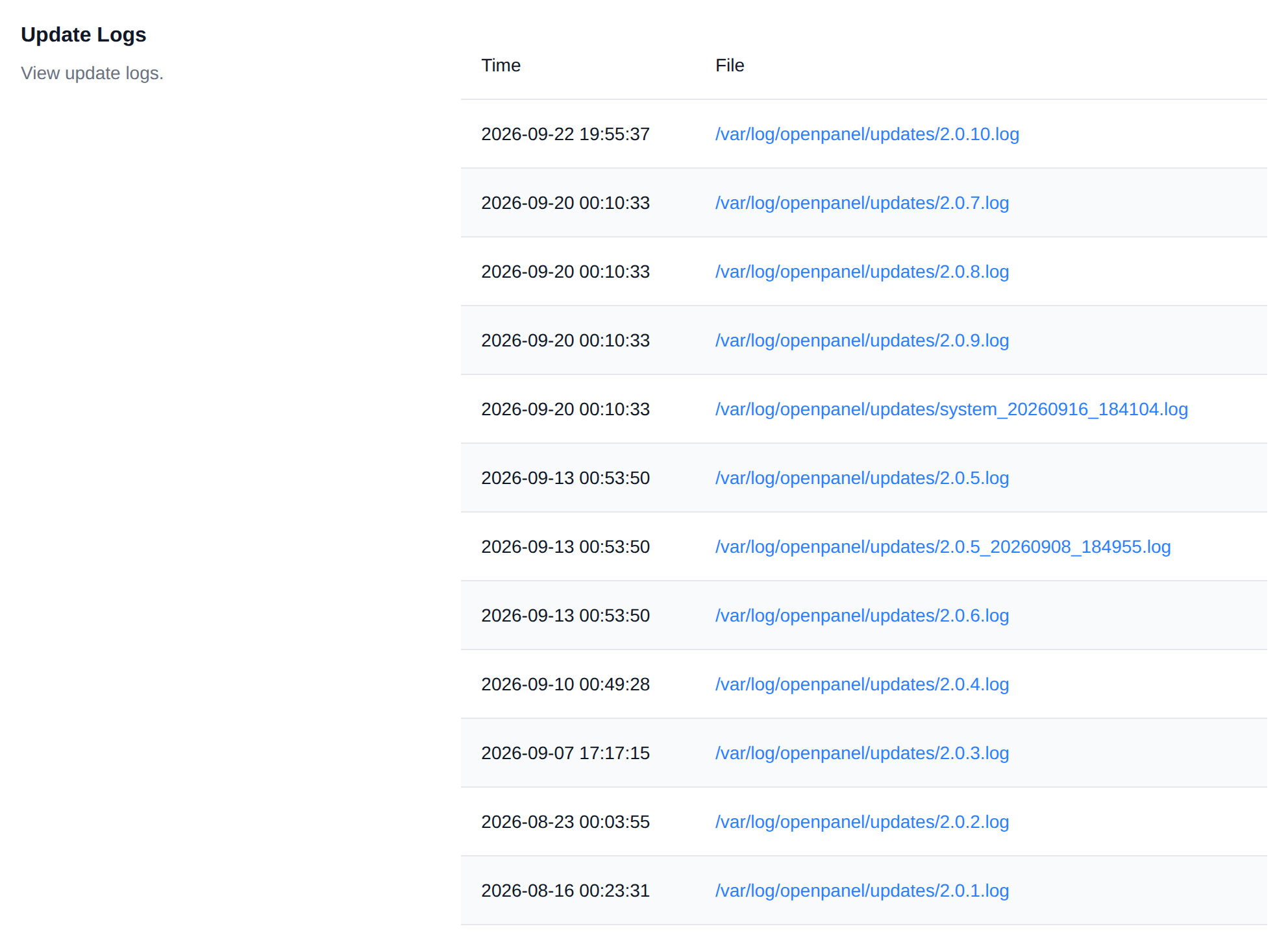 Update Logs section listing the update log files
