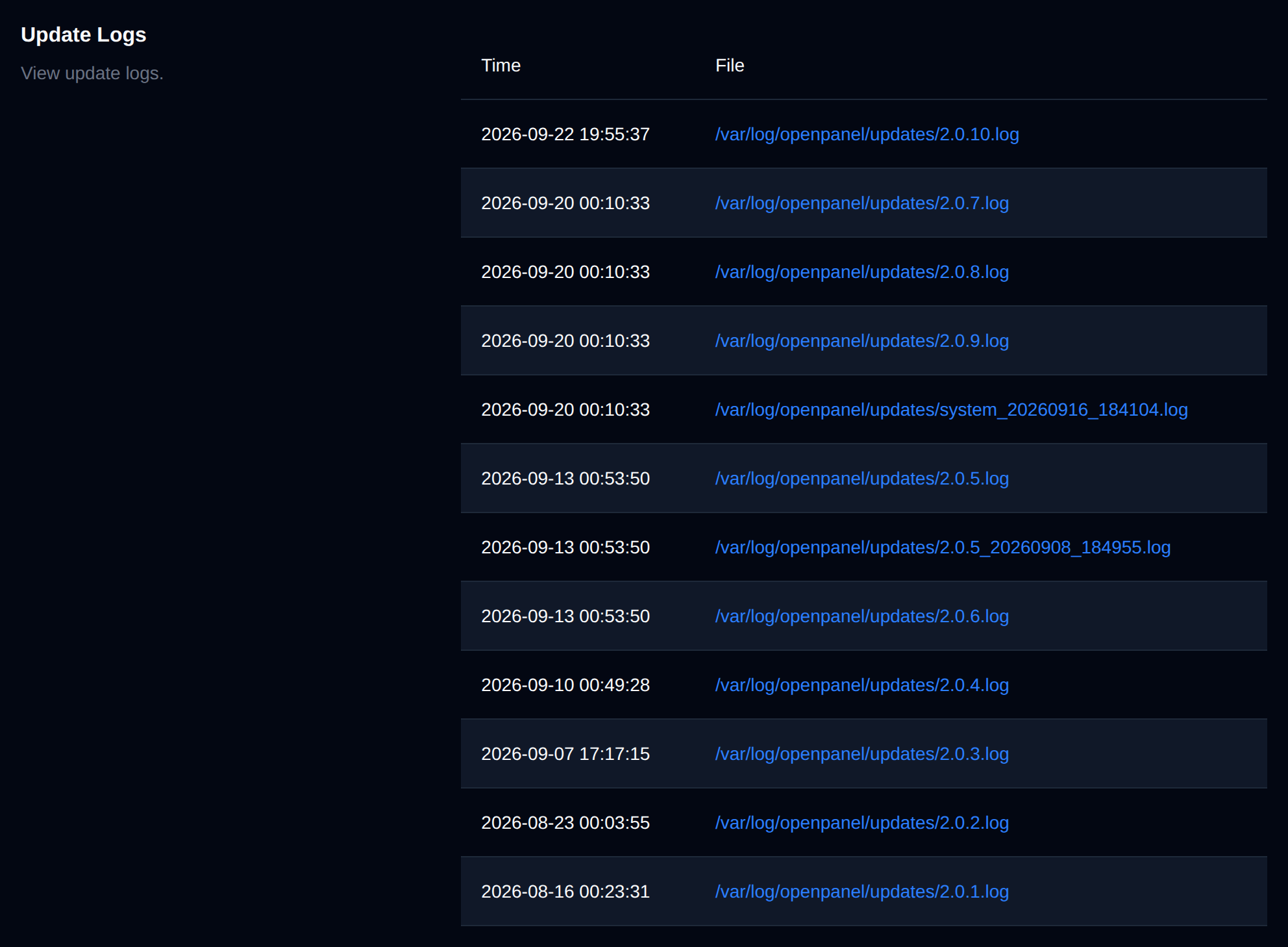Update Logs section listing the update log files