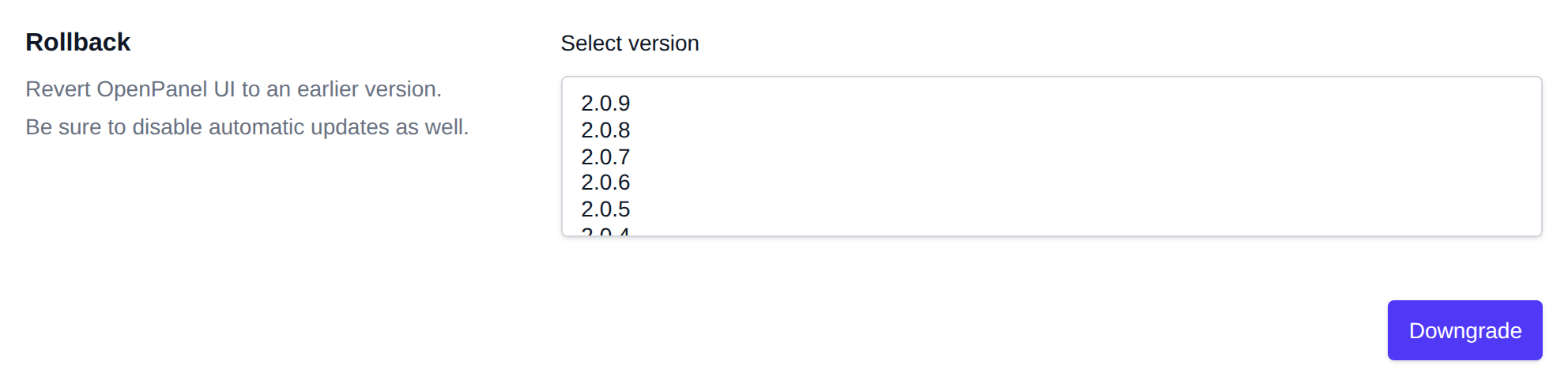 Rollback section for returning to a previous version
