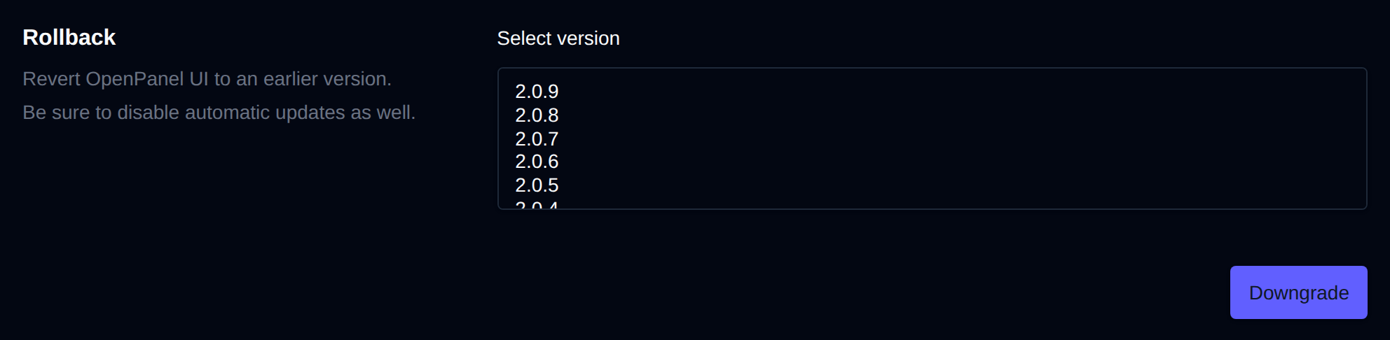 Rollback section for returning to a previous version