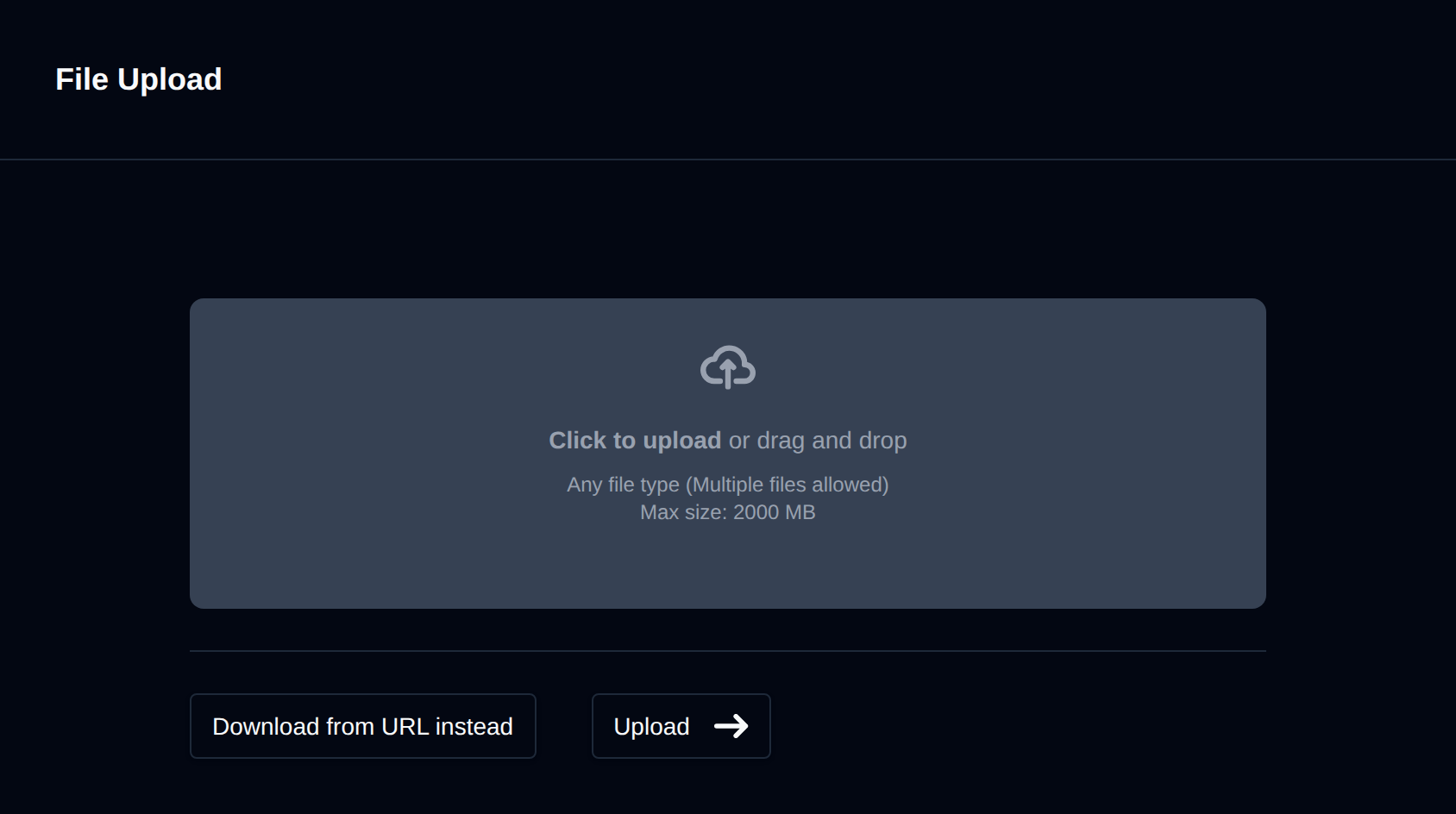 File Upload page with the drag and drop area and the Upload button