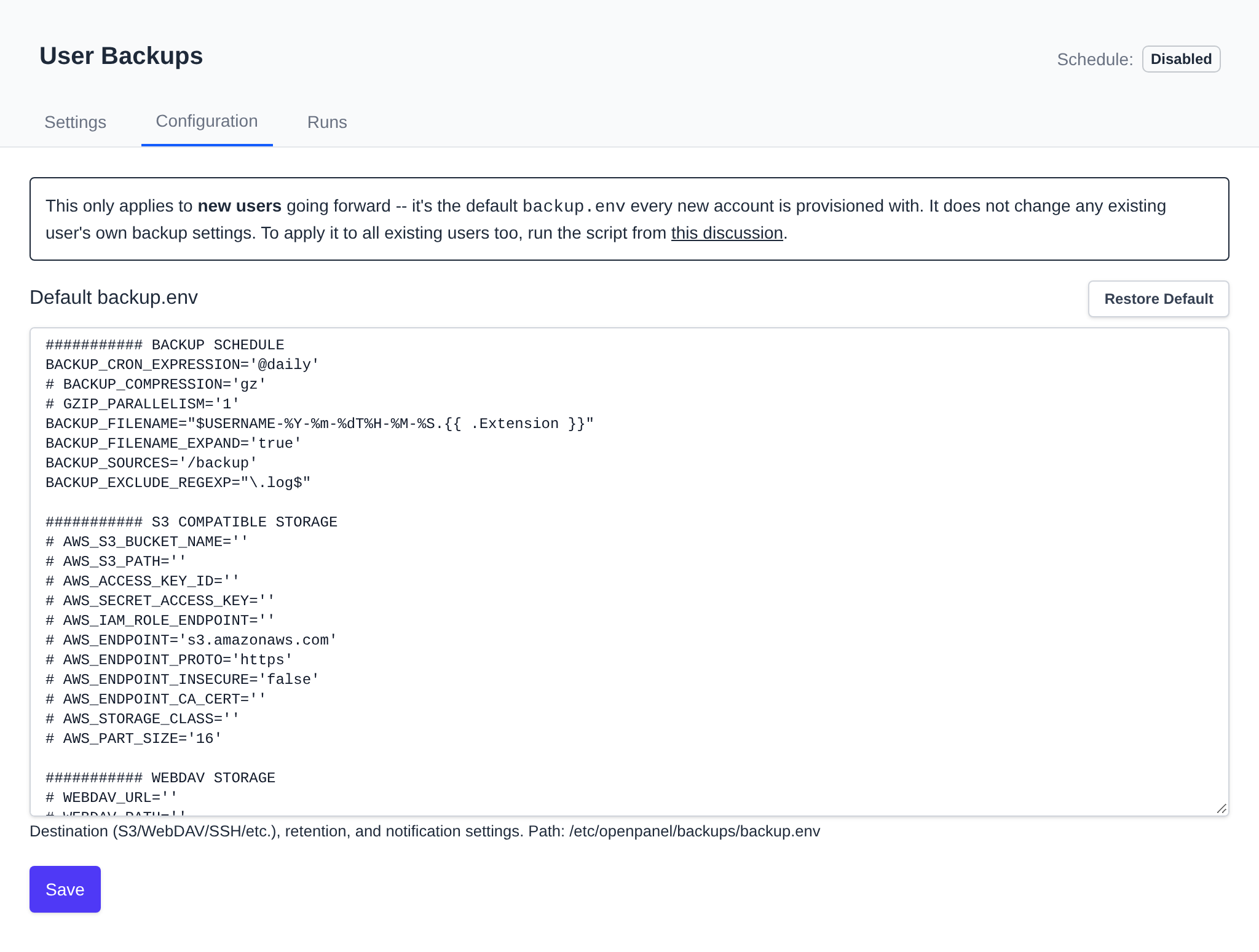 User Backups Configuration tab with the default backup.env editor and the Restore Default button