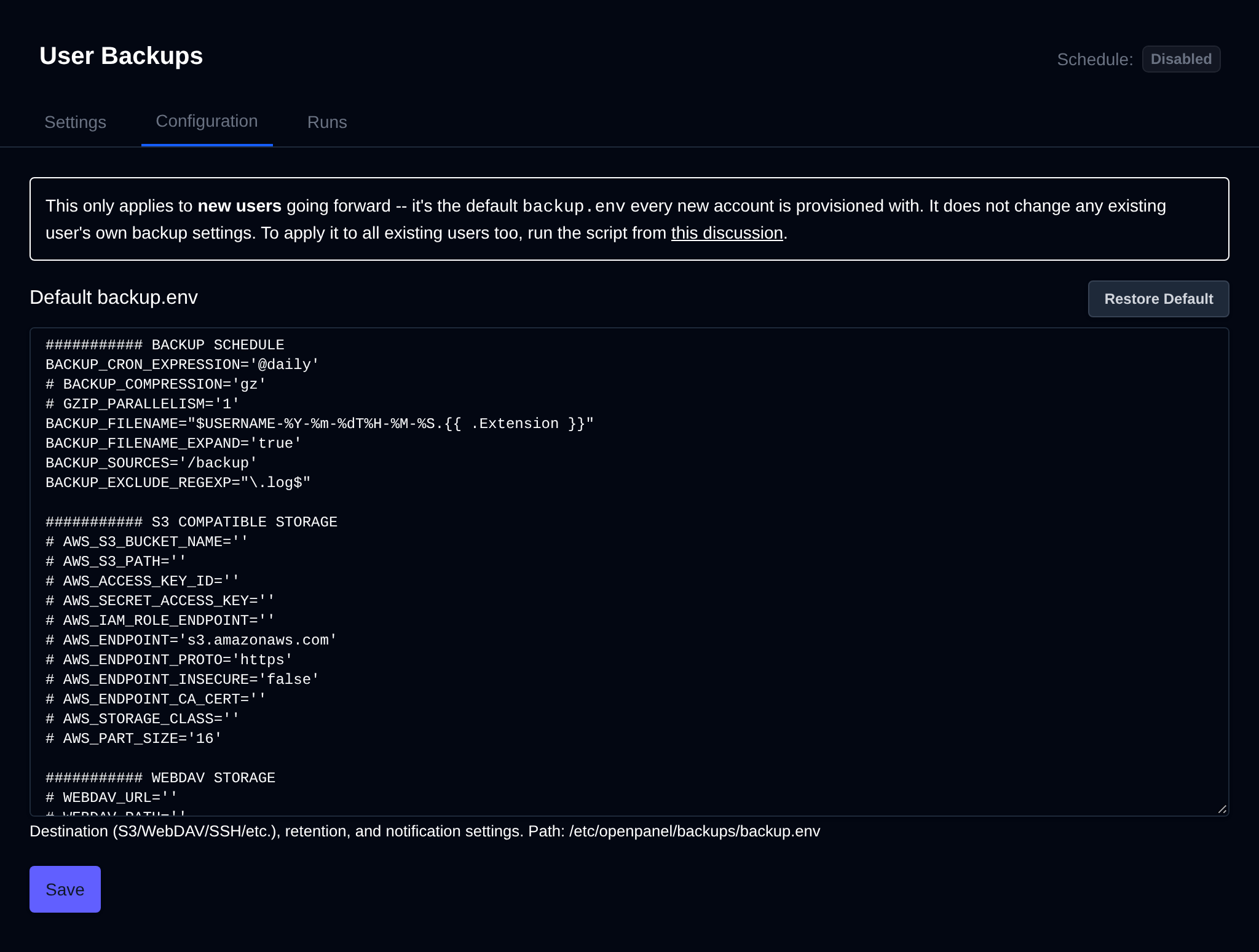 User Backups Configuration tab with the default backup.env editor and the Restore Default button
