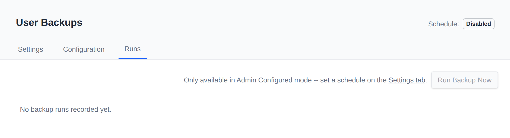 User Backups Runs tab with the log of past backup runs