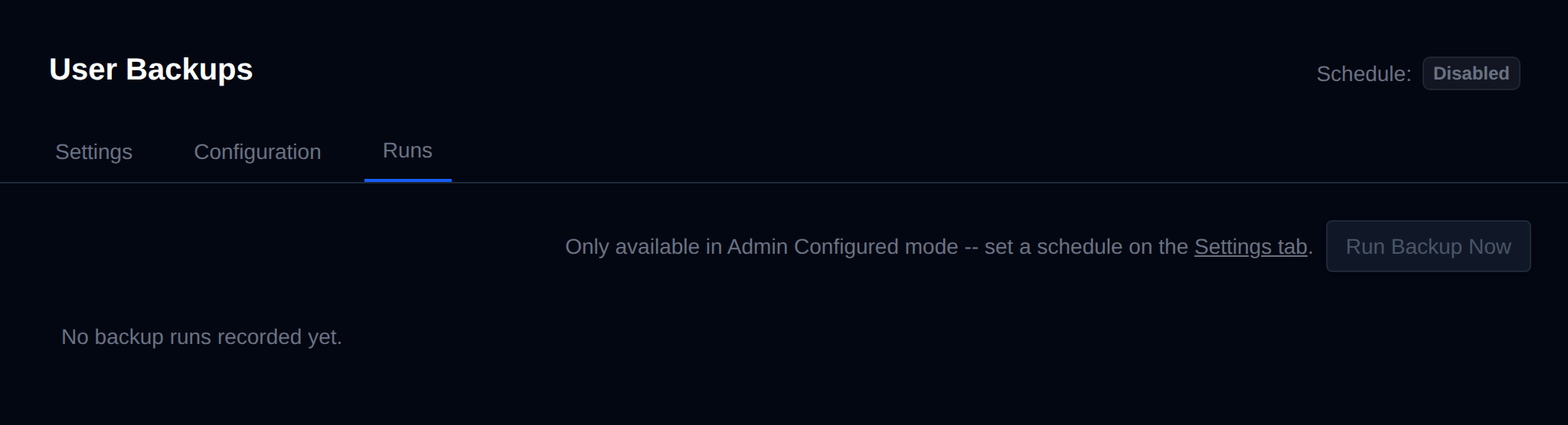 User Backups Runs tab with the log of past backup runs