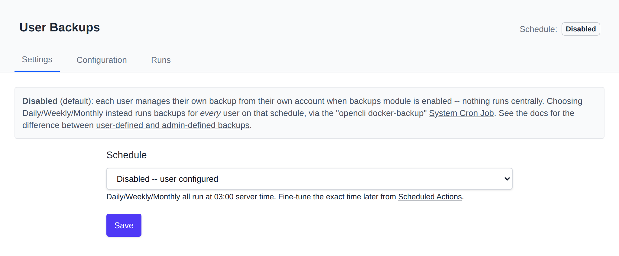 User Backups Settings tab with the backup schedule dropdown
