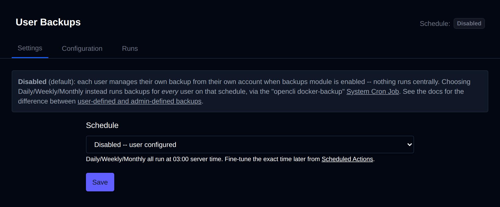 User Backups Settings tab with the backup schedule dropdown