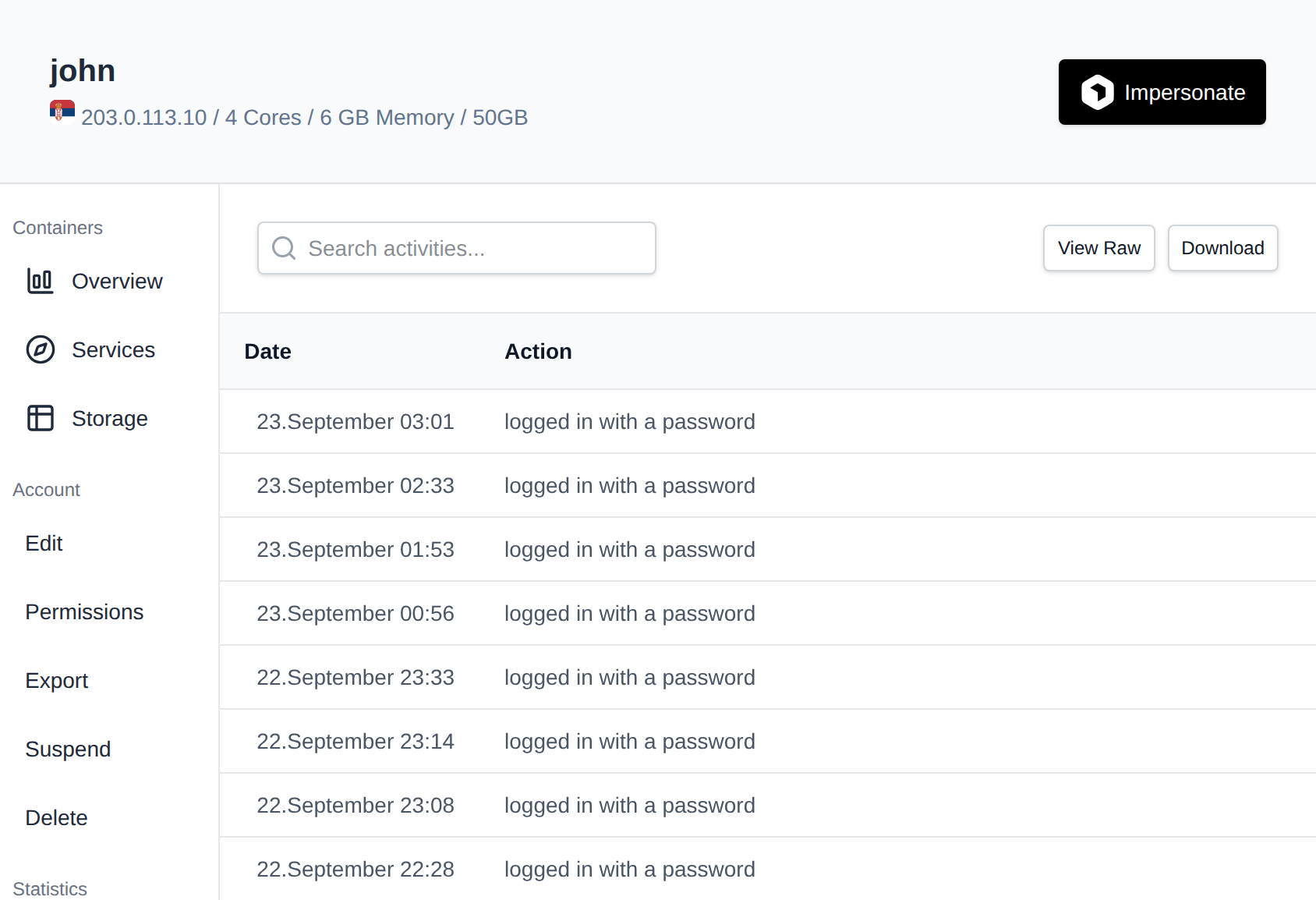 Activity Log tab with the date and the action performed
