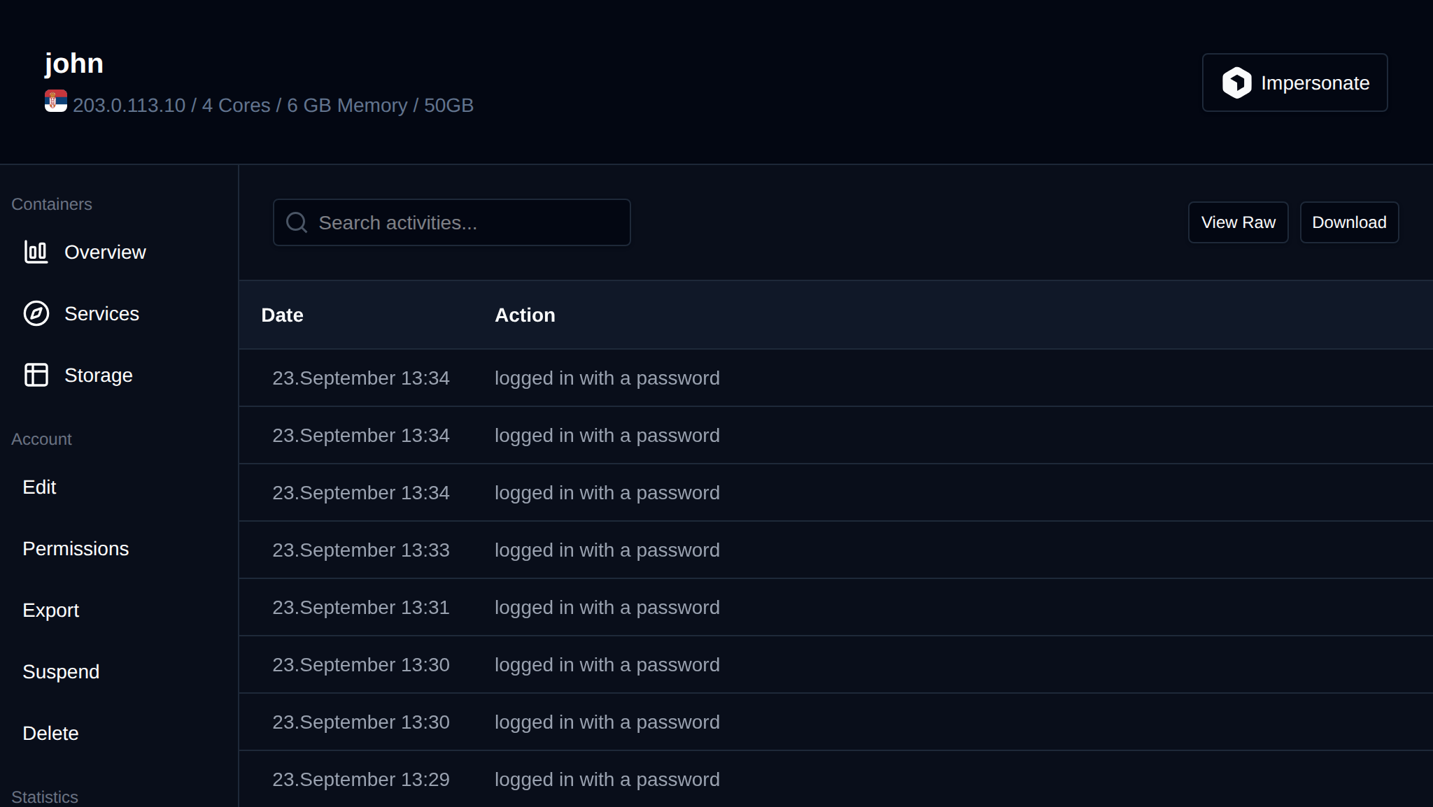 Activity Log tab with the date and the action performed