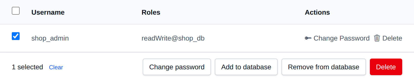 A MongoDB user selected with the bulk actions bar offering Change password, Add to database, Remove from database and Delete