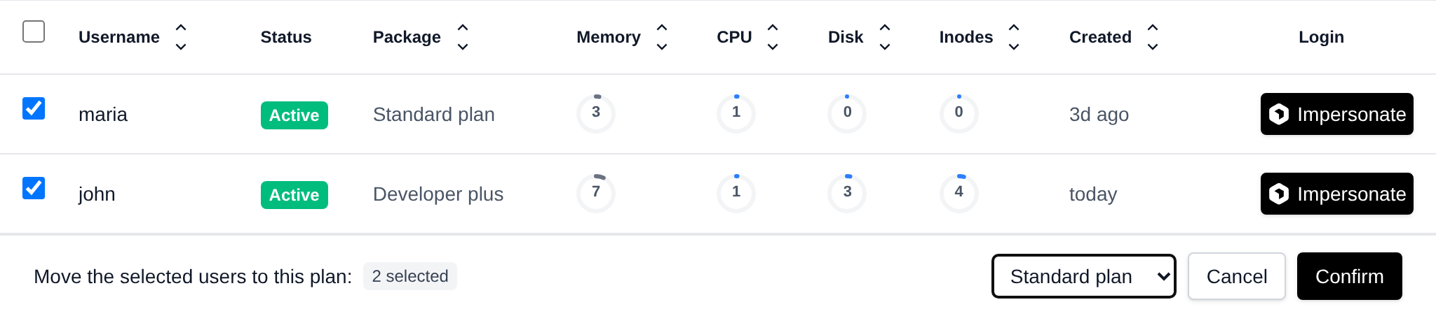 Change plan step of the bulk actions bar with a dropdown of hosting plans for two selected users