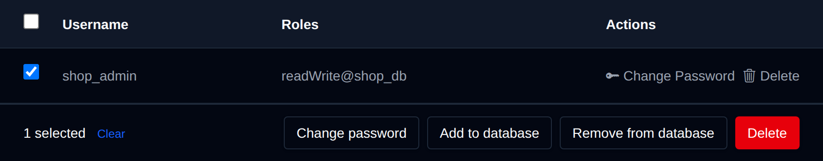 A MongoDB user selected with the bulk actions bar offering Change password, Add to database, Remove from database and Delete