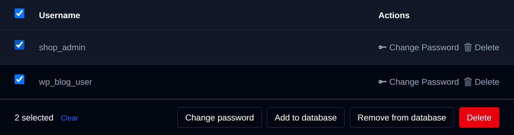 Two PostgreSQL users selected with the bulk actions bar offering Change password, Add to database, Remove from database and Delete