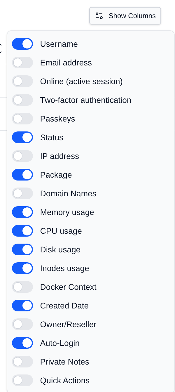 Show Columns menu of the Users table with a toggle for each column, including 2FA and Passkeys
