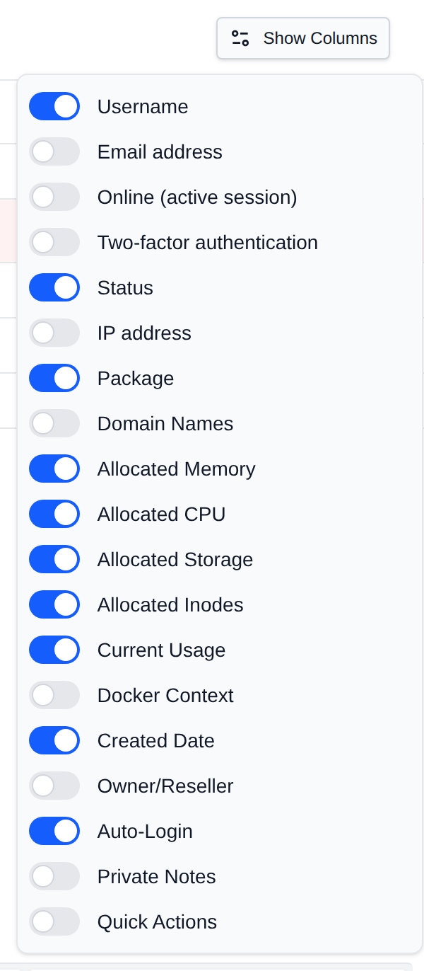 Show Columns menu of the Users table with a toggle for each column