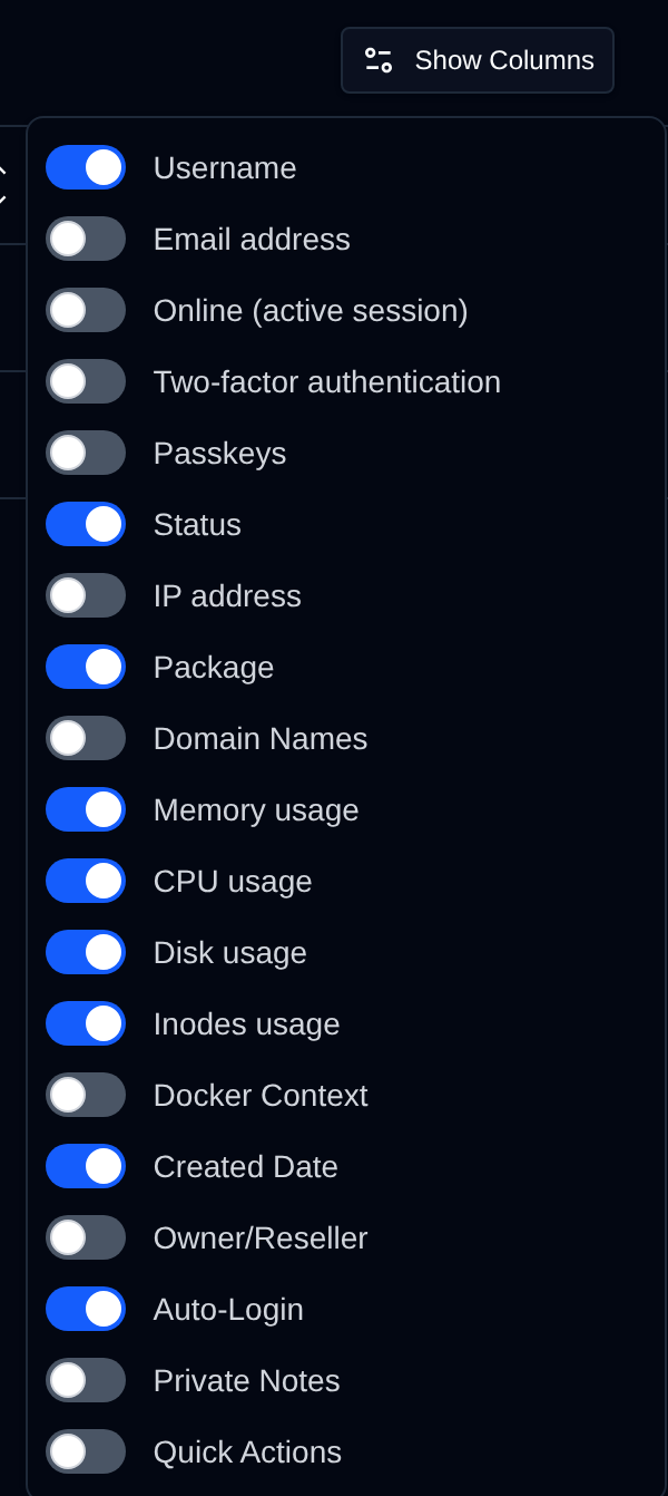 Show Columns menu of the Users table with a toggle for each column, including 2FA and Passkeys