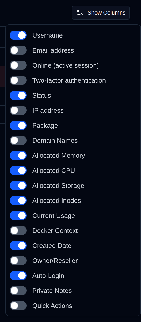 Show Columns menu of the Users table with a toggle for each column