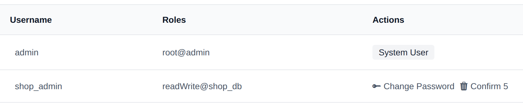 Delete button of a MongoDB user turned into a Confirm button with a countdown after the first click