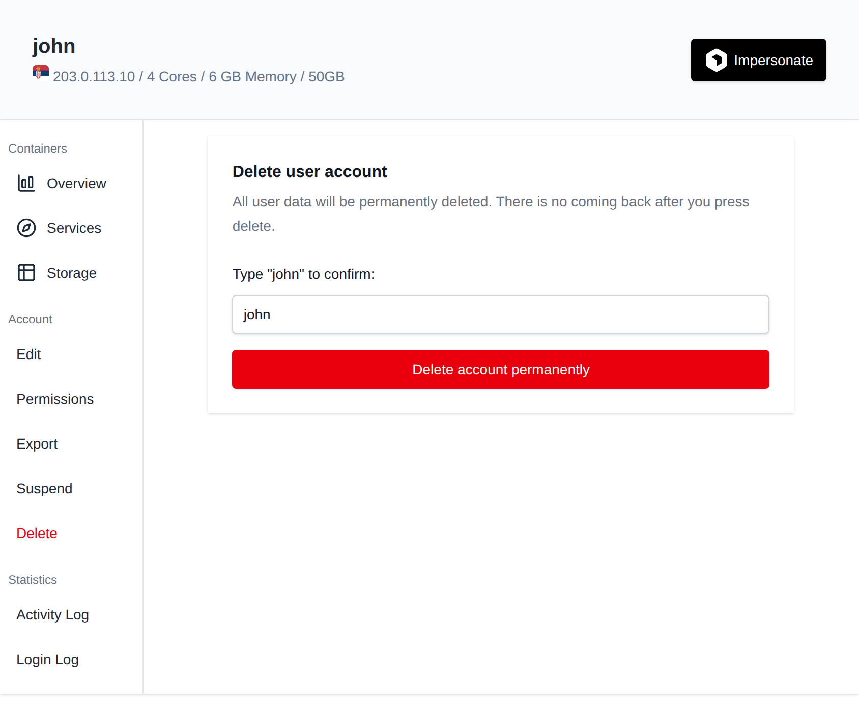 Delete tab asking to type the username before deleting the account permanently