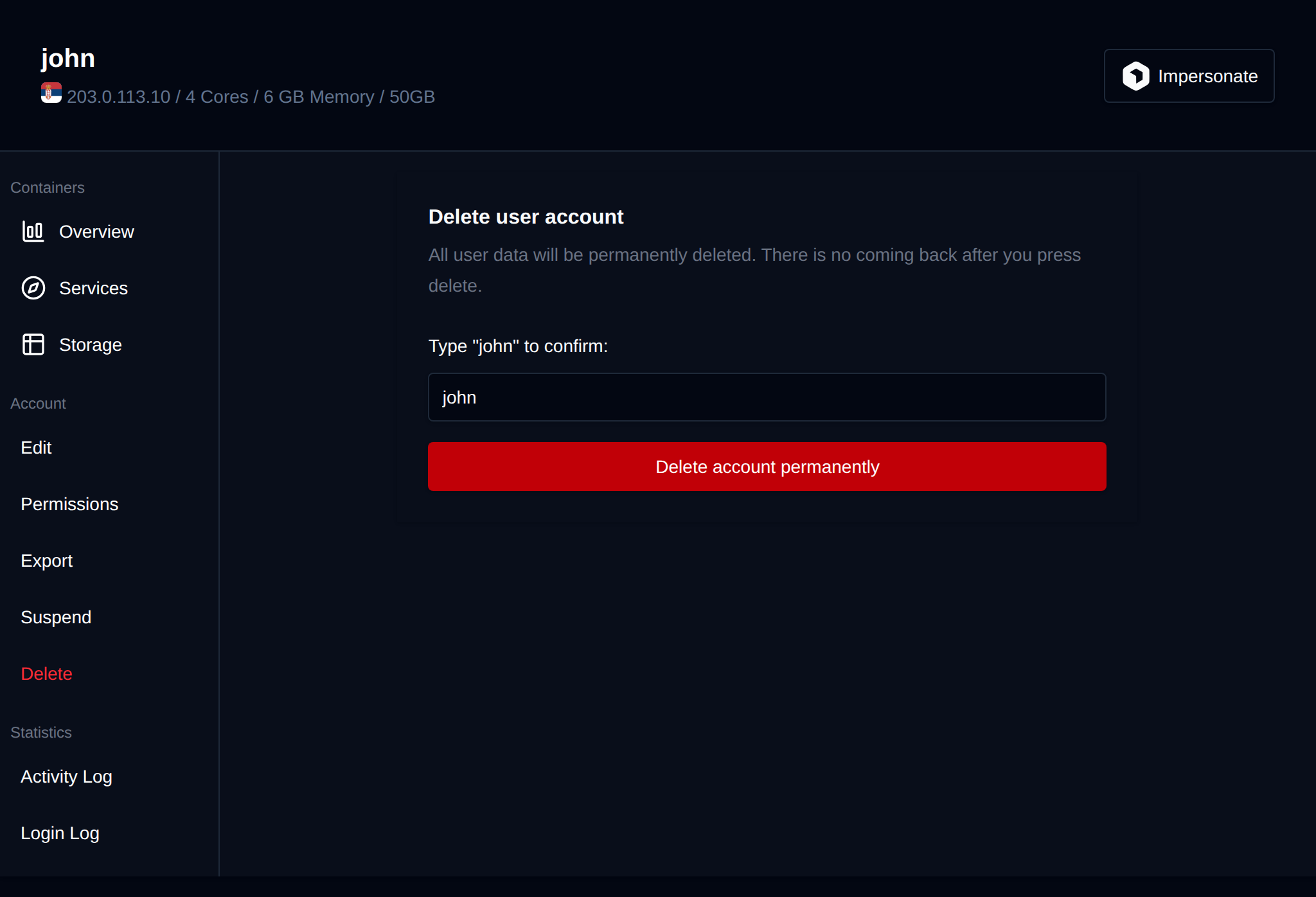 Delete tab asking to type the username before deleting the account permanently