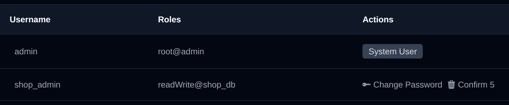Delete button of a MongoDB user turned into a Confirm button with a countdown after the first click