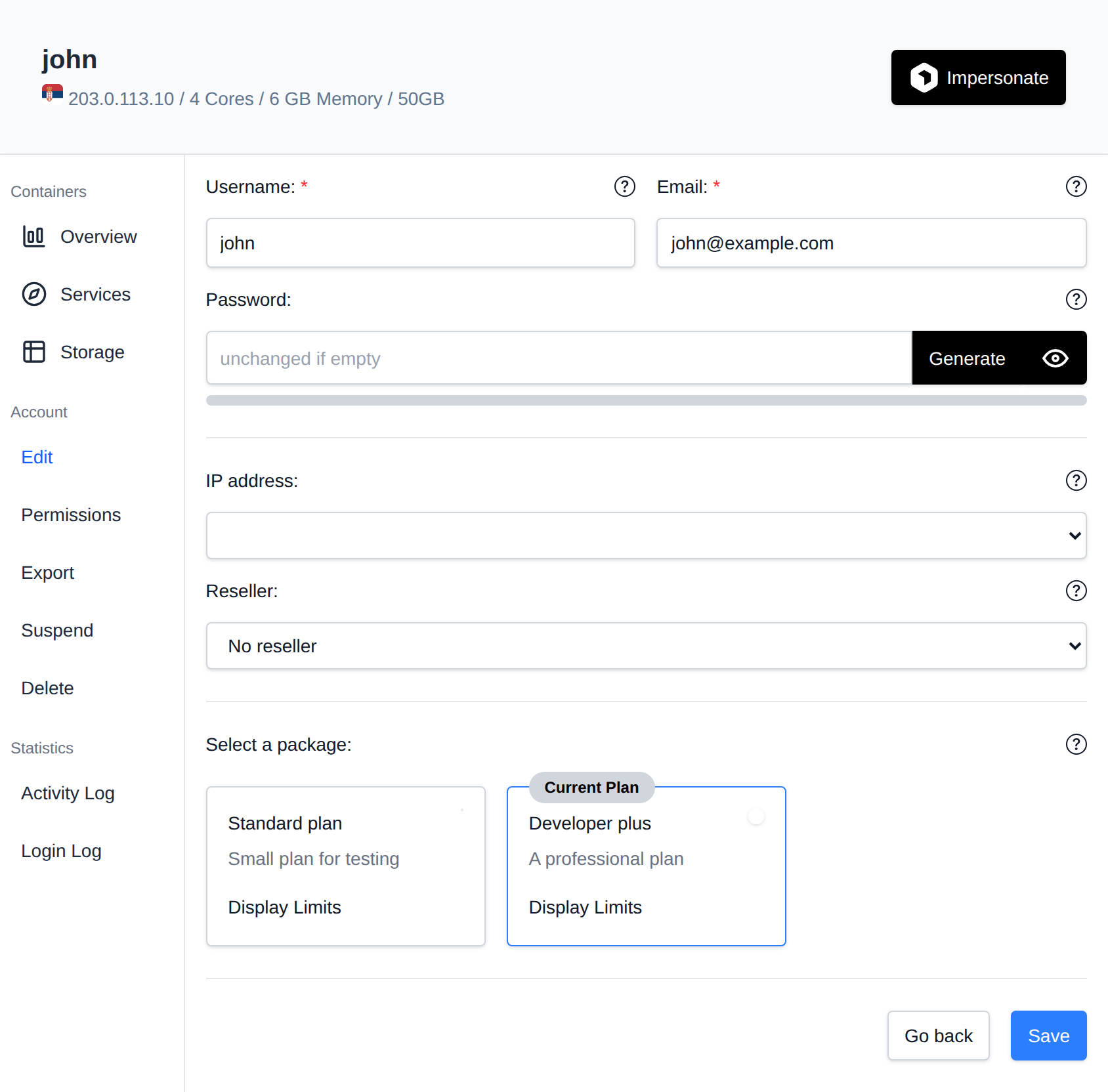 Edit tab with the username, email, password, IP address, reseller and hosting package fields