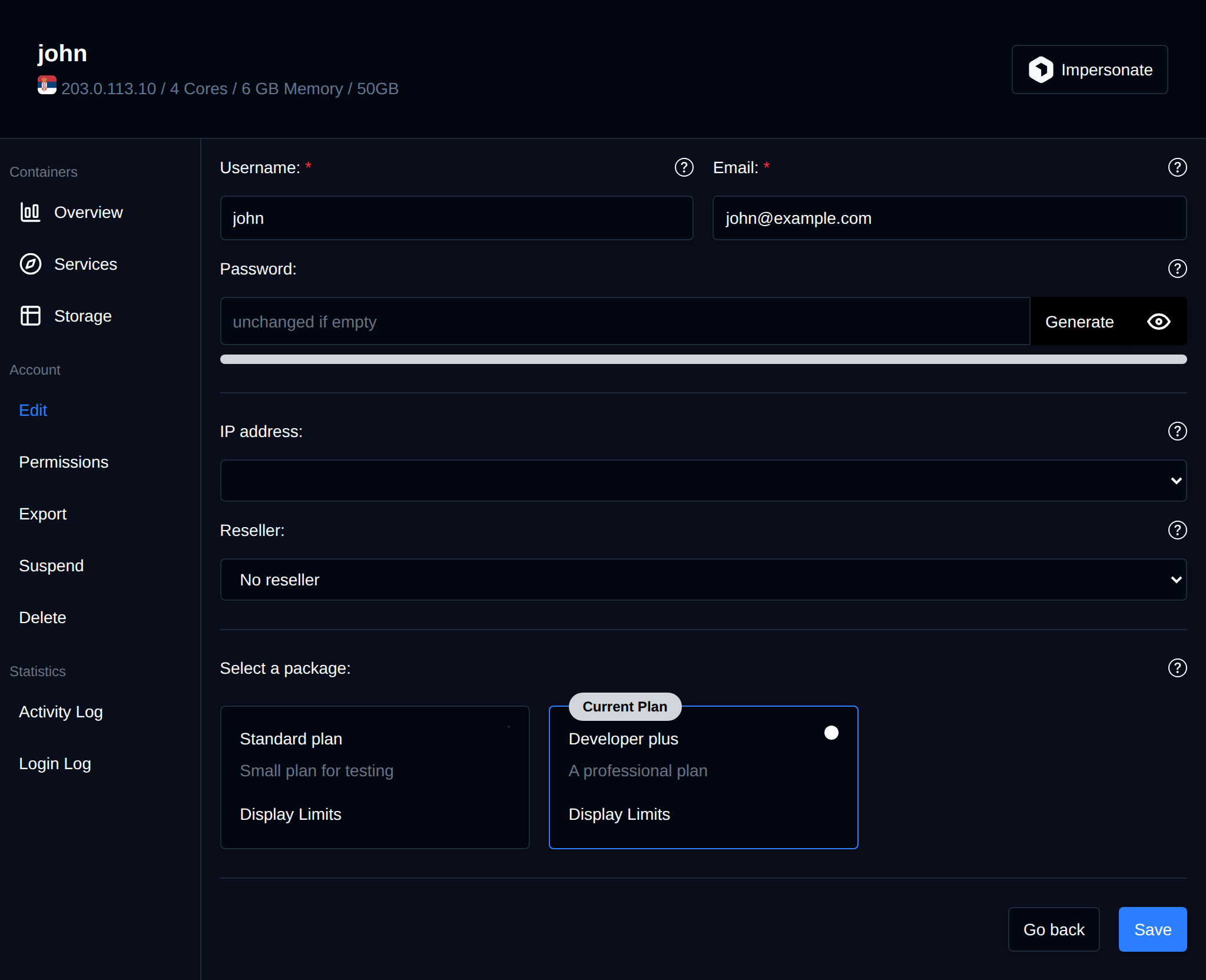 Edit tab with the username, email, password, IP address, reseller and hosting package fields