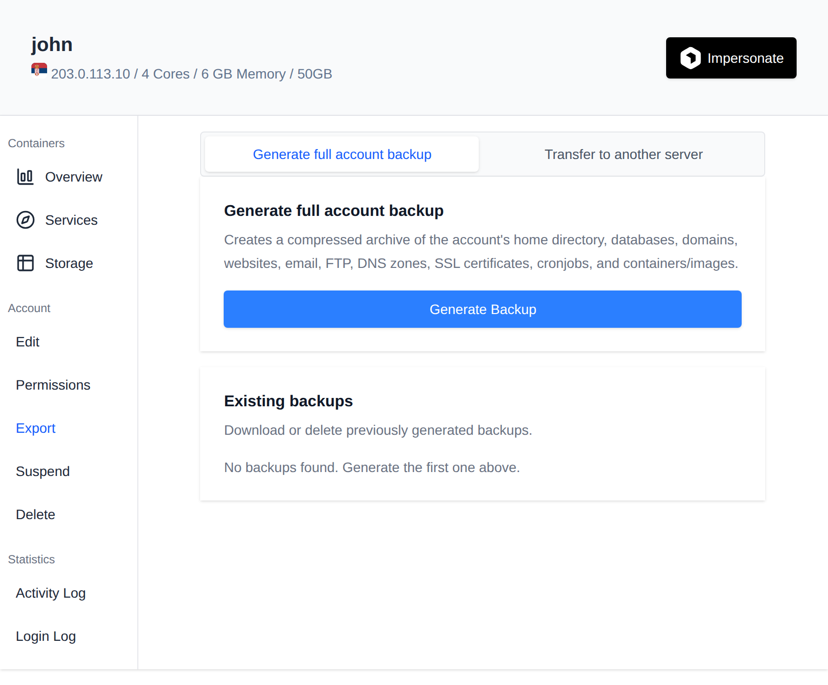 Export tab with the Generate full account backup option and the list of existing backups