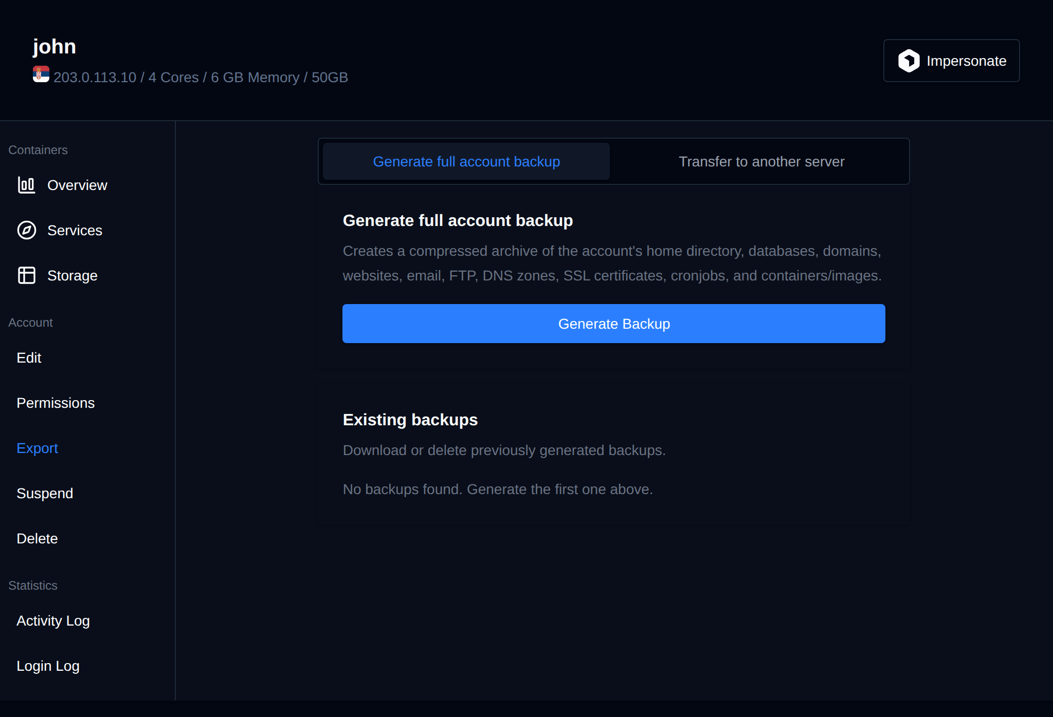 Export tab with the Generate full account backup option and the list of existing backups