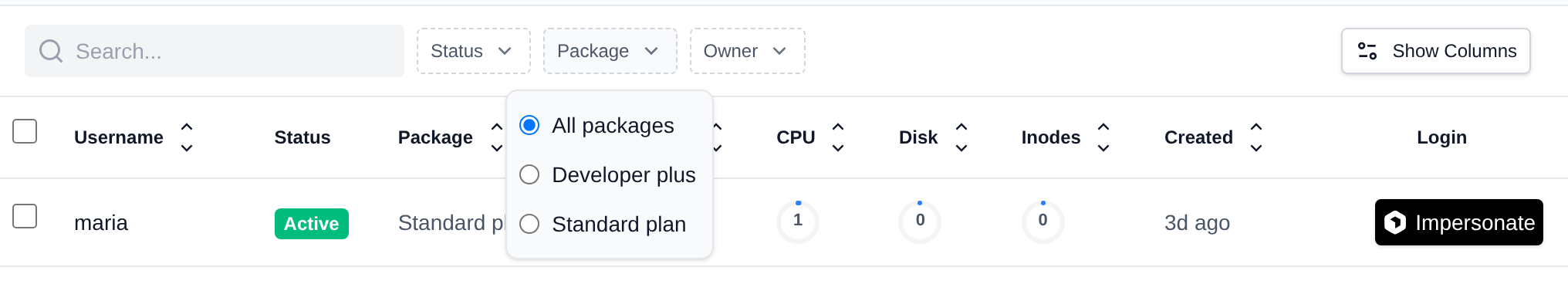 Users page with the Package filter open, listing All packages and each hosting plan in use