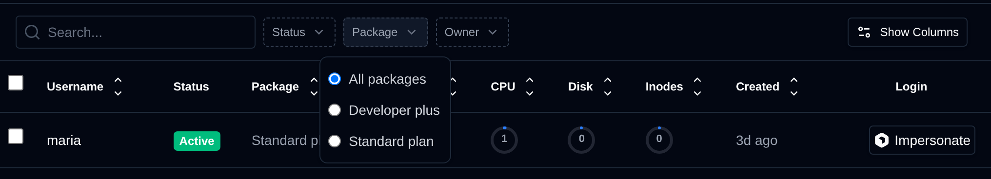 Users page with the Package filter open, listing All packages and each hosting plan in use
