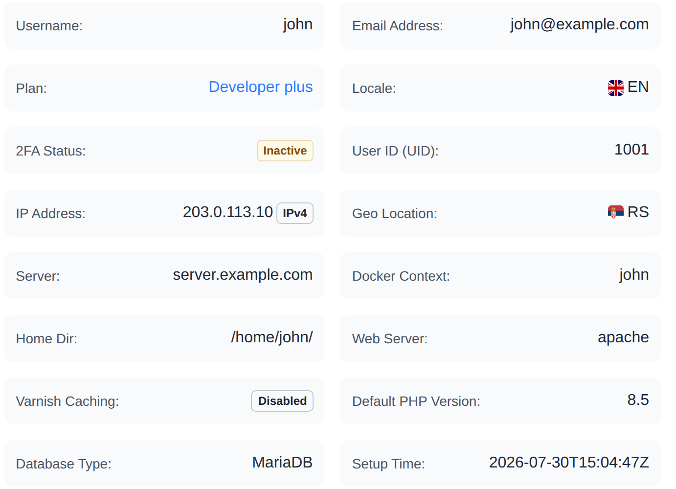 User details on the Overview tab: username, email, plan, locale, 2FA status, IP address, location, server, docker context and setup time