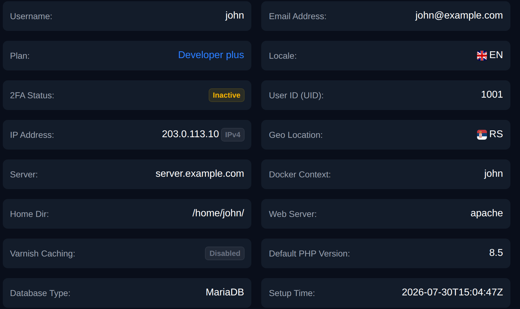 User details on the Overview tab: username, email, plan, locale, 2FA status, IP address, location, server, docker context and setup time