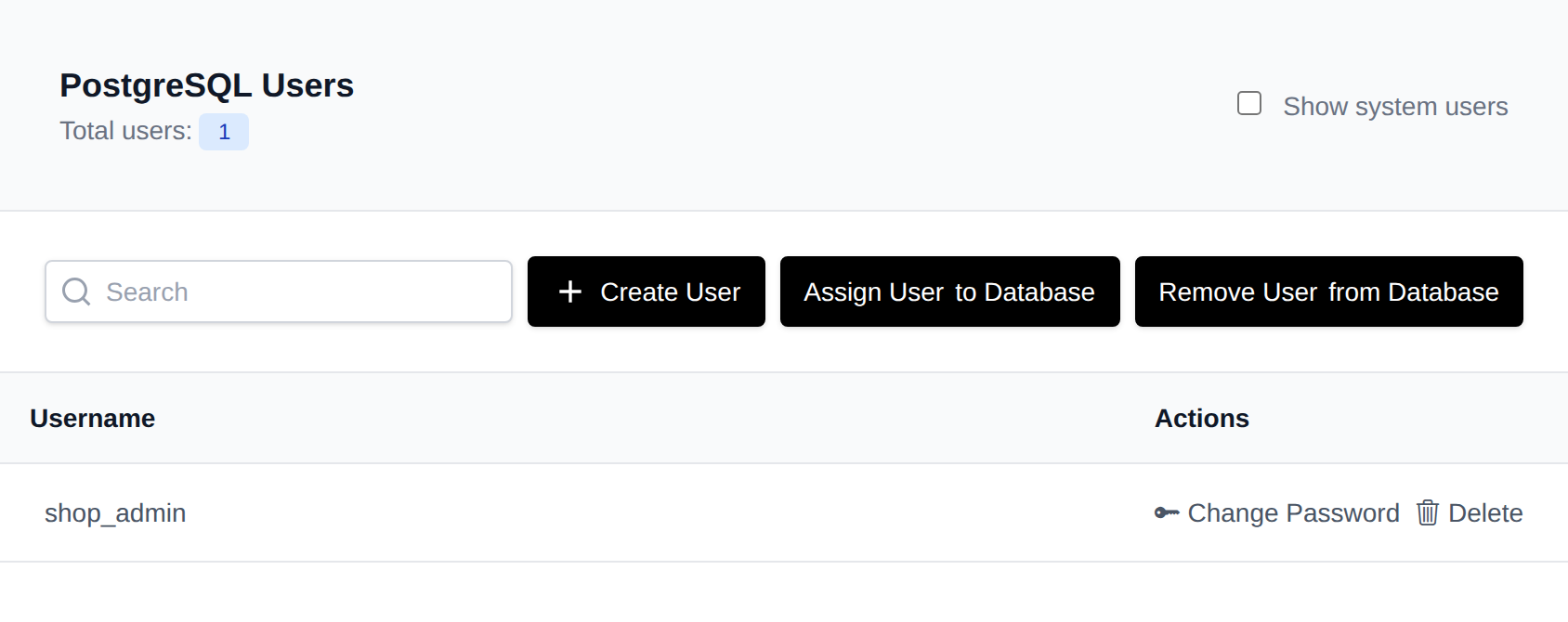 PostgreSQL Users page listing database users with Change Password and Delete buttons