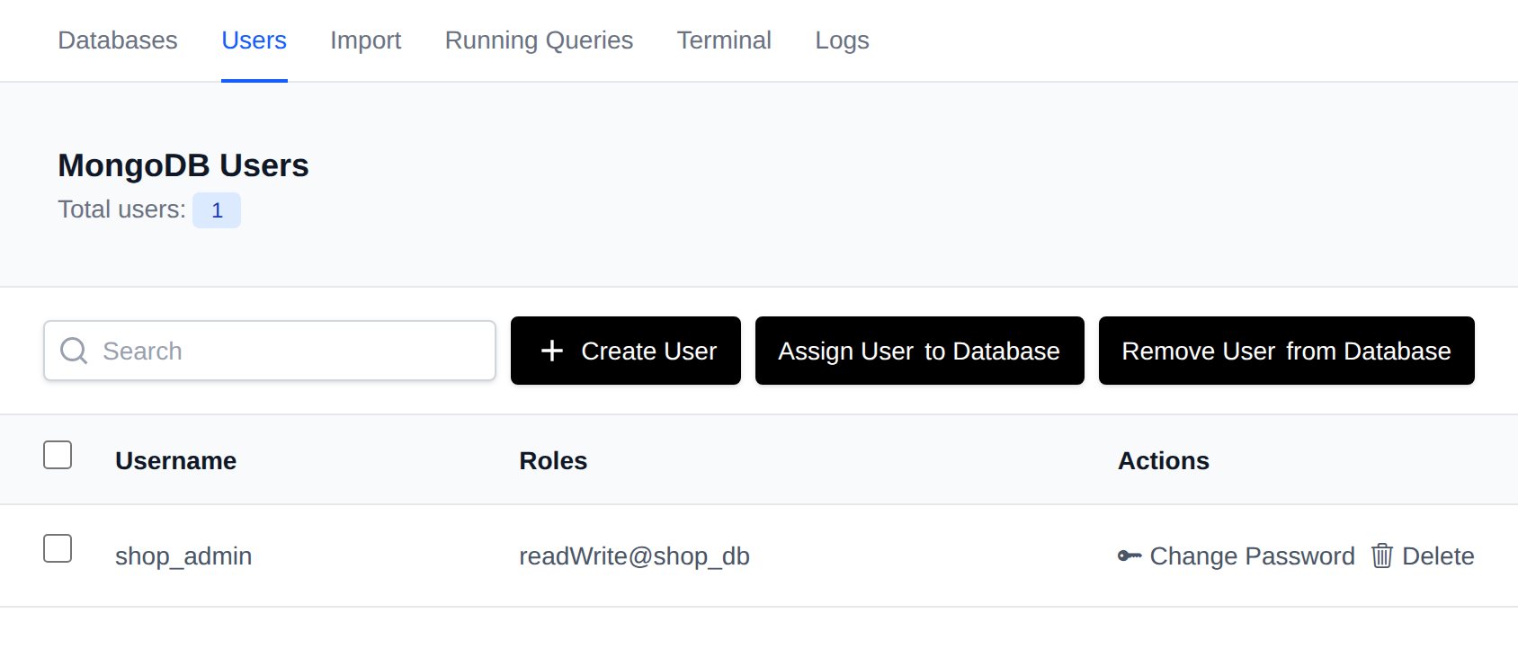 MongoDB Users page listing users with their roles and the Change Password and Delete buttons