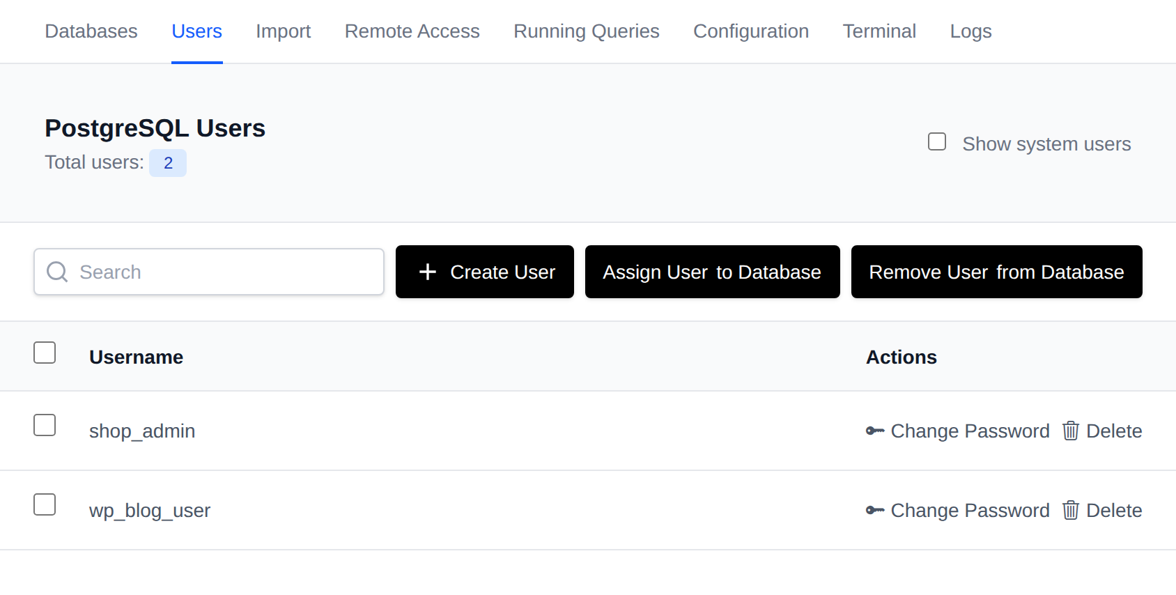 PostgreSQL Users page listing database users with Change Password and Delete buttons