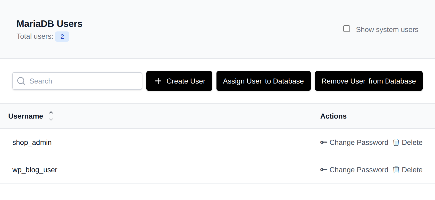 MySQL Users page listing database users with Change Password and Delete buttons