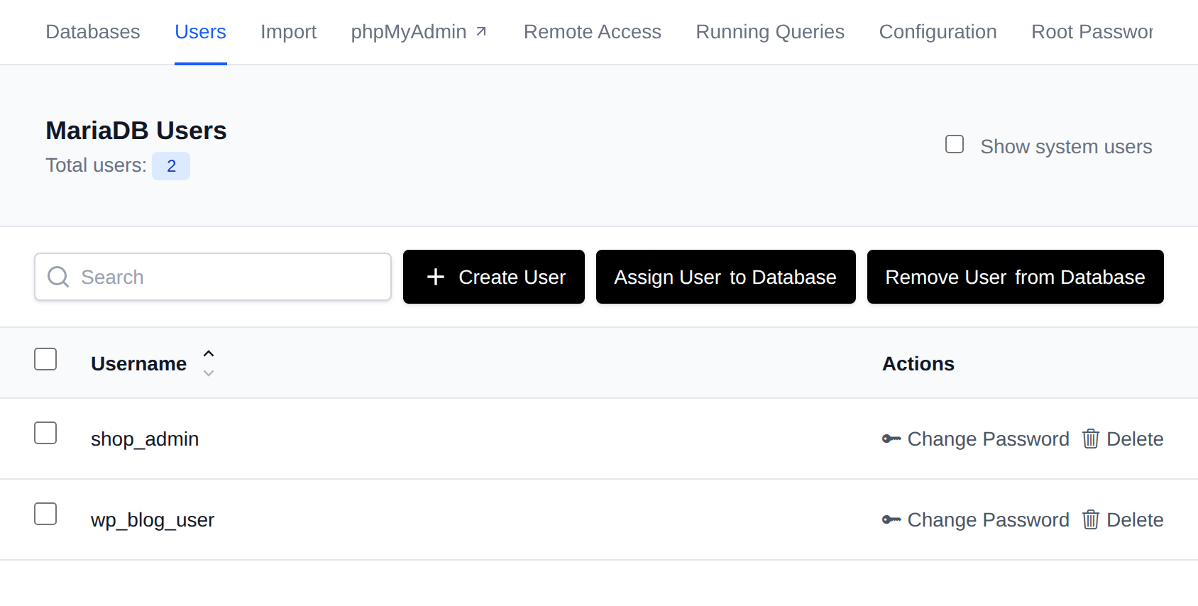MySQL Users page listing database users with Change Password and Delete buttons