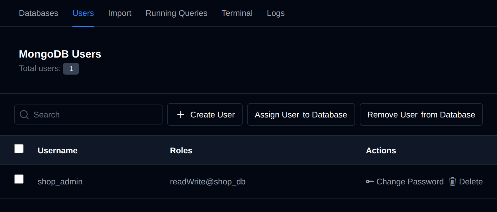 MongoDB Users page listing users with their roles and the Change Password and Delete buttons