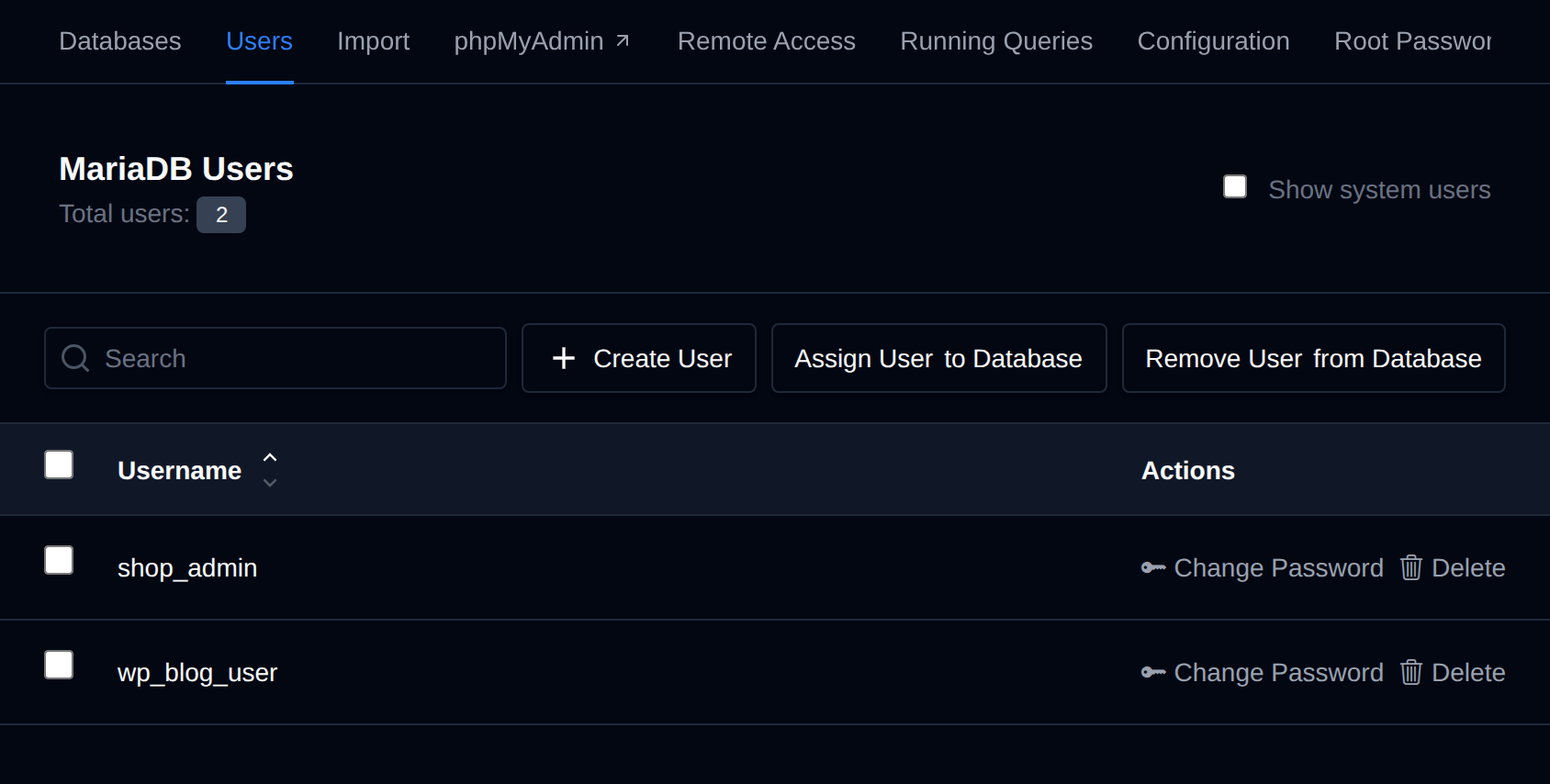 MySQL Users page listing database users with Change Password and Delete buttons