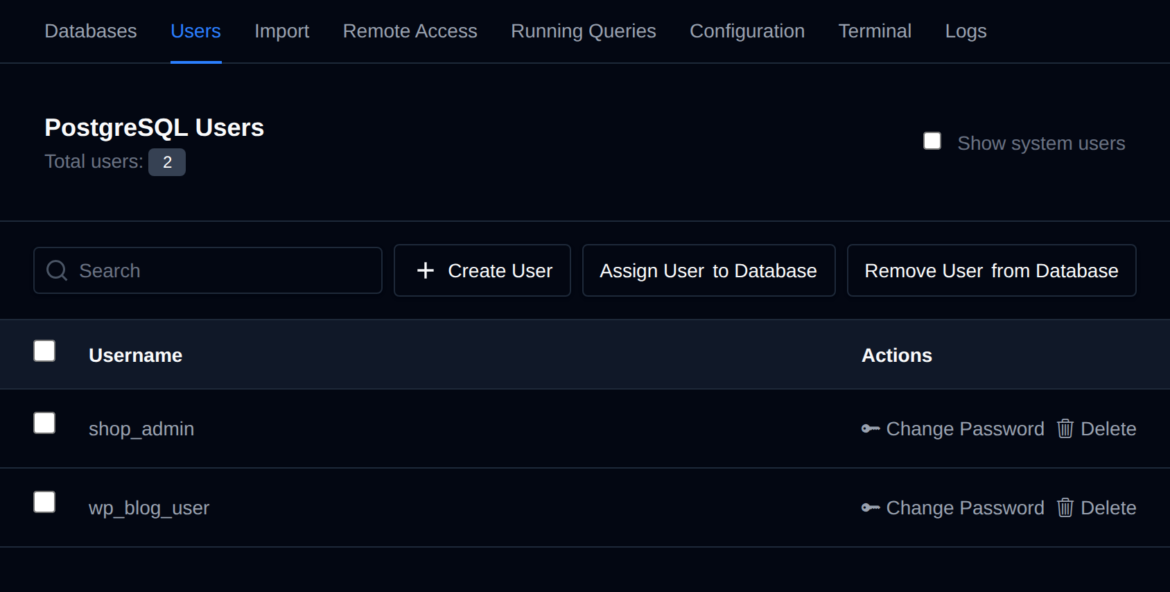 PostgreSQL Users page listing database users with Change Password and Delete buttons