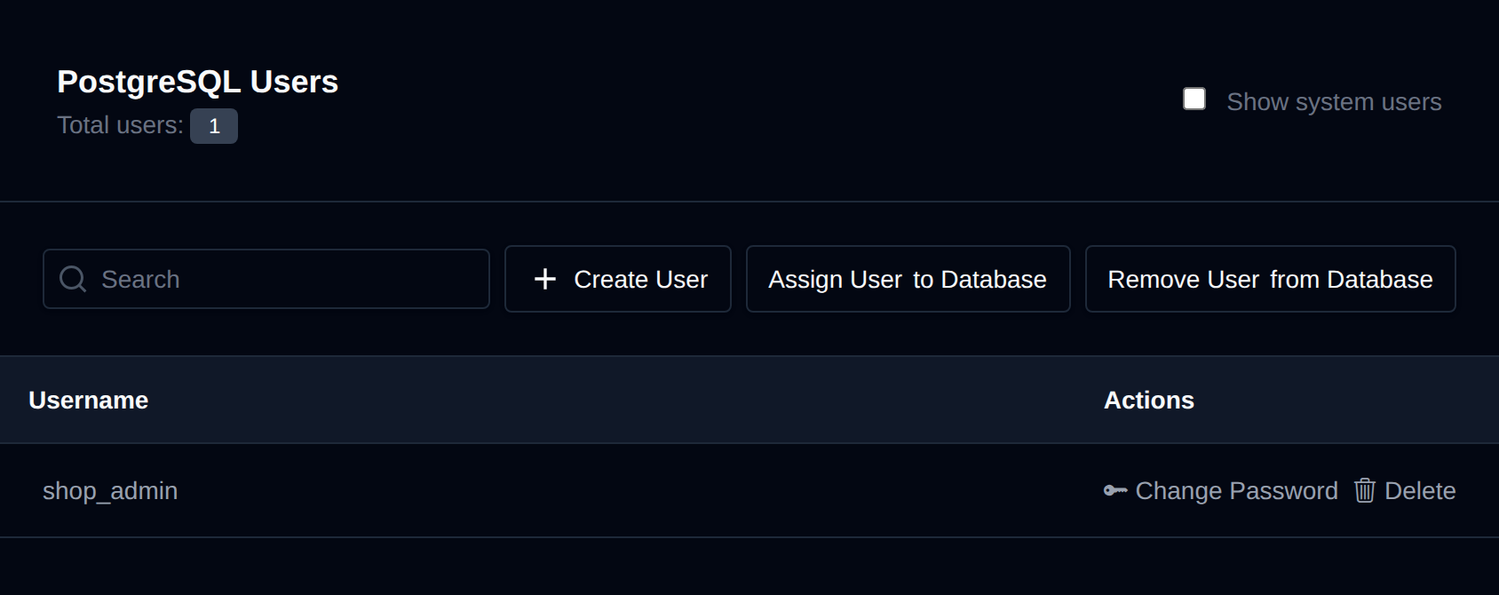 PostgreSQL Users page listing database users with Change Password and Delete buttons