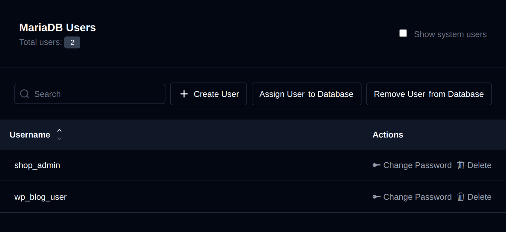 MySQL Users page listing database users with Change Password and Delete buttons