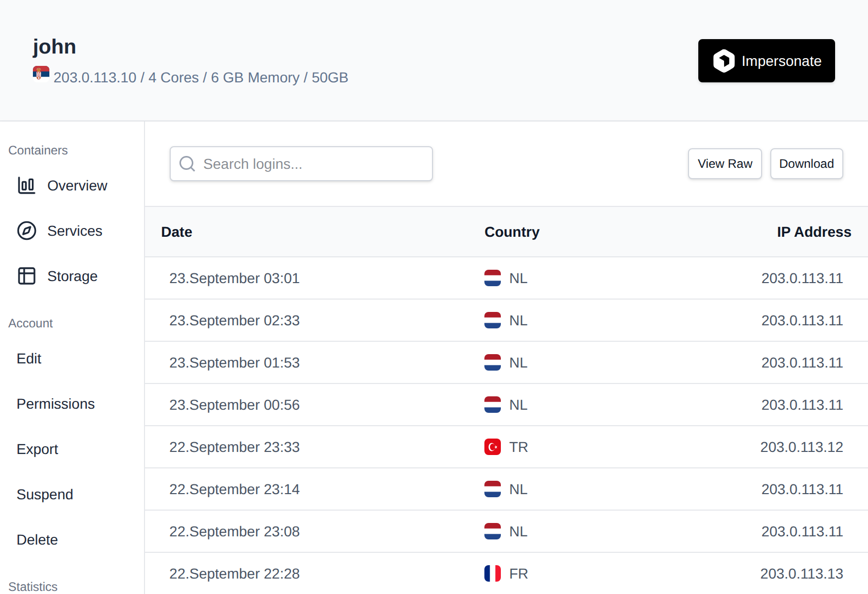 Login Log tab with the date, country and IP address of each login