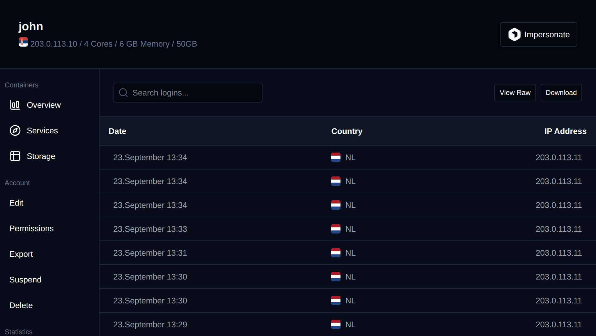 Login Log tab with the date, country and IP address of each login