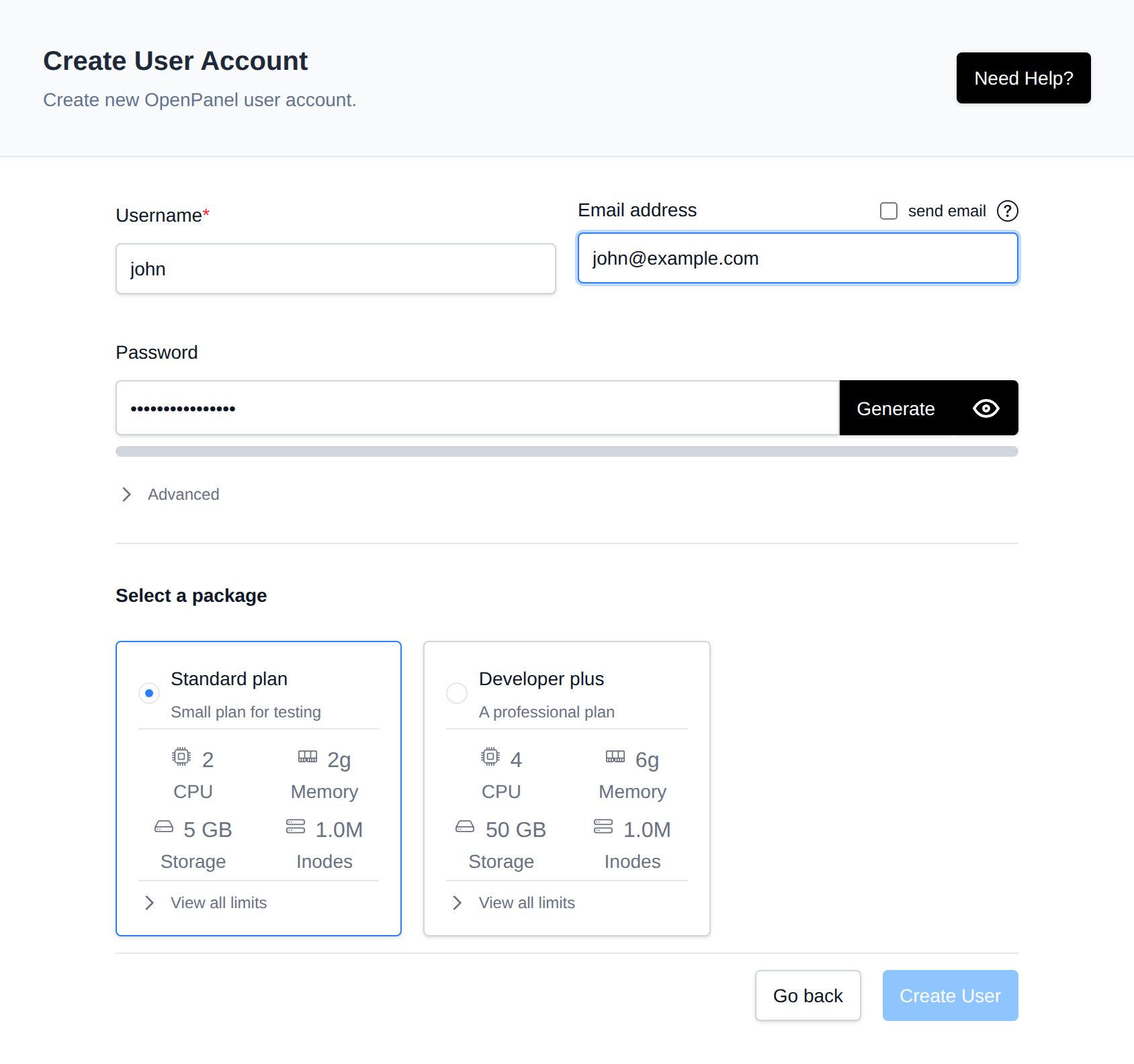 Create New user form with username, email, password, webserver, database type and hosting plan