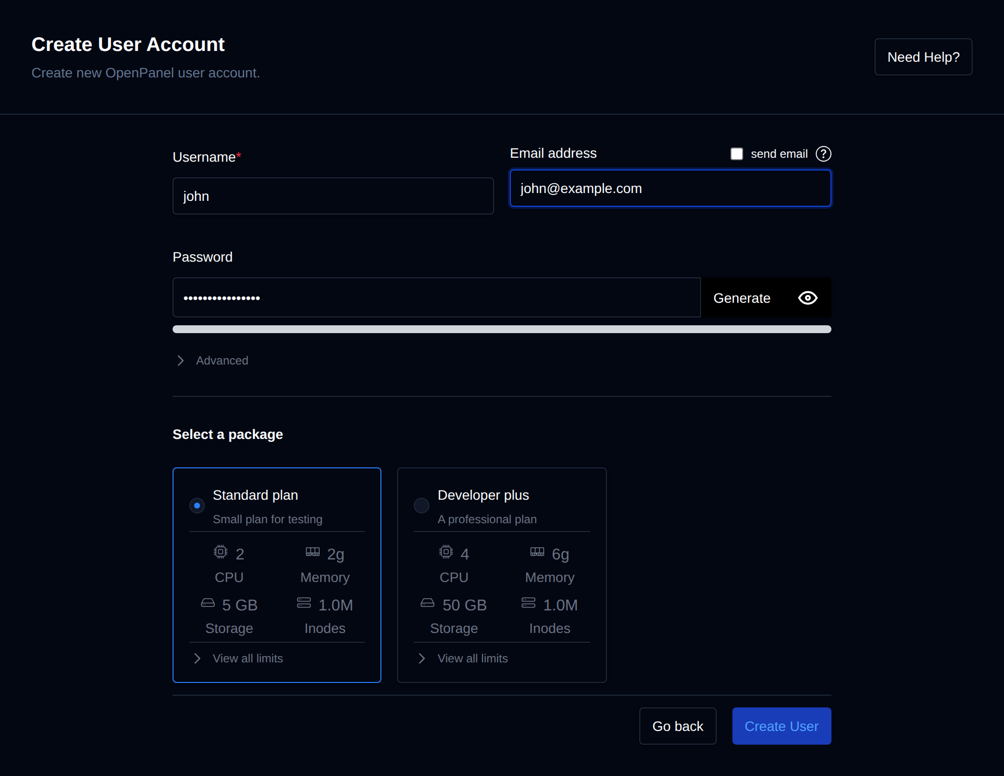 Create New user form with username, email, password, webserver, database type and hosting plan