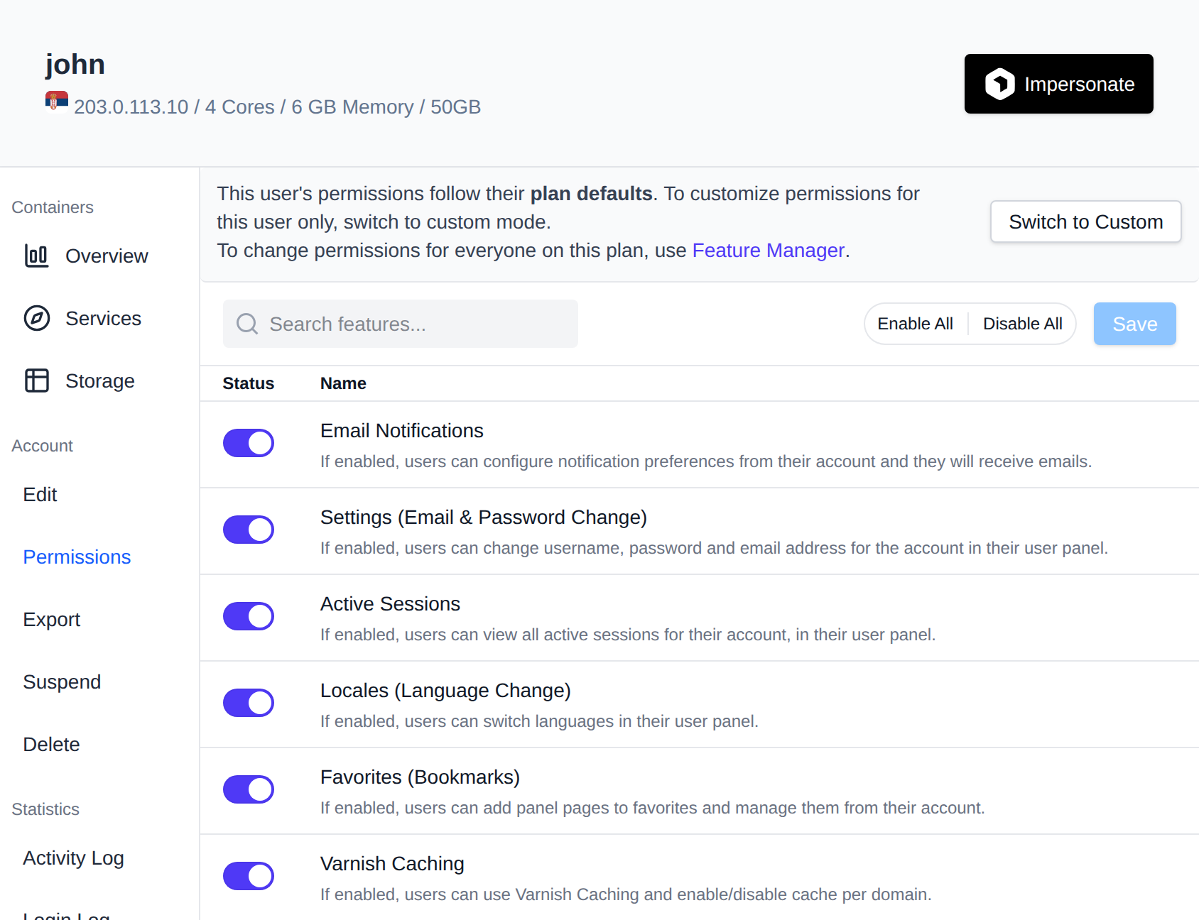 Permissions tab where the enabled OpenPanel features follow the plan or are set per user